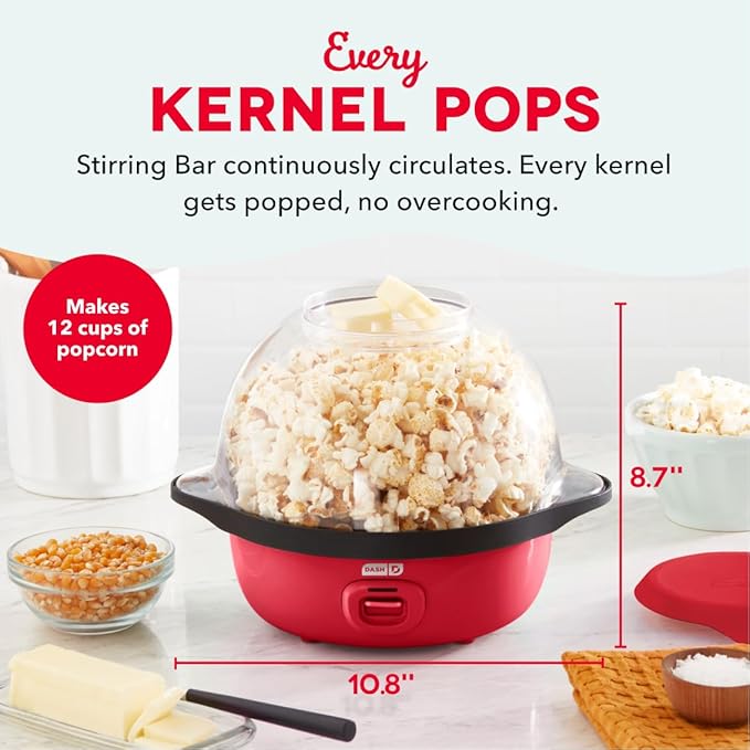 Dash SmartStore Stirring Popcorn Maker - Hot Oil Electric Popcorn Popper with Butter-Warming Tray, Clear Serving Bowl & Measuring Cup - 12 Cups, Red