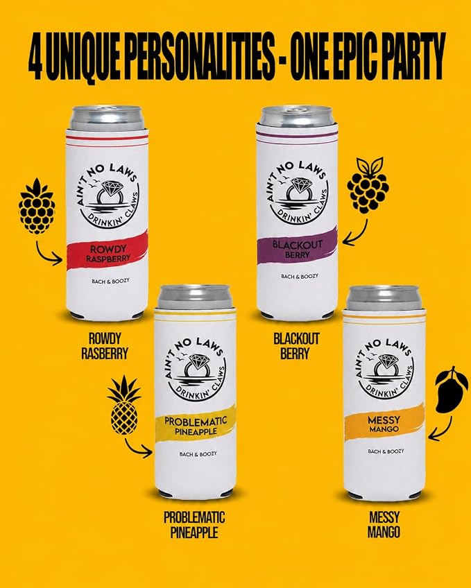 Funky Junque Bachelorette Party Favors Slim Can Cooler, Funny Bridesmaid & Bride Gifts for Girls Trip, Bridal Shower Decorations & Accessories, 12 oz Skinny Can Covers - Ain't No Laws - 4 Pack