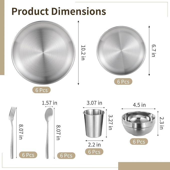 36 PCS Stainless Steel Dinnerware Set, Includes 12PCS 6.7 & 10.2 in Plates, 6 Pieces Bowls and 6 Pieces Cups, Spoons, Forks, Food-Safe Mess Kit for Home Kitchen, Camping, Picnic, Silver (Silver-C)