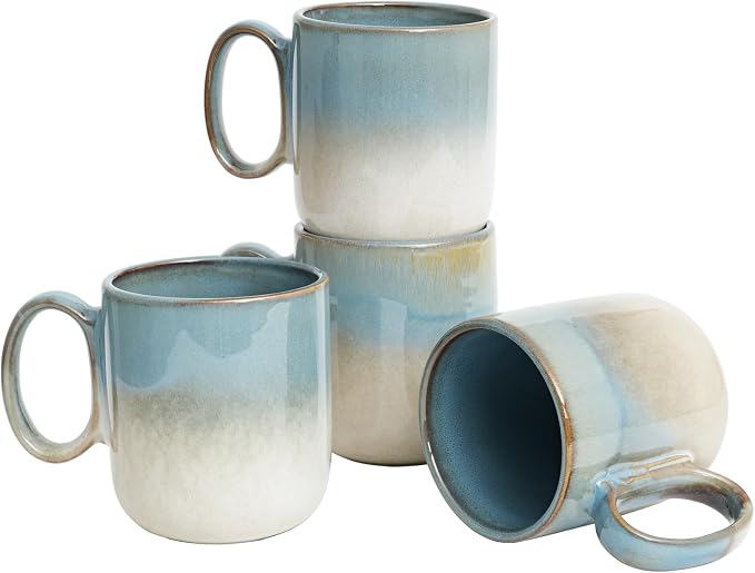 Bosmarlin Ceramic Coffee Mug Set of 4, 14 Oz, Coffee Cups with Big Handle, Microwave Safe, Unique Reactive Glaze (Teal)