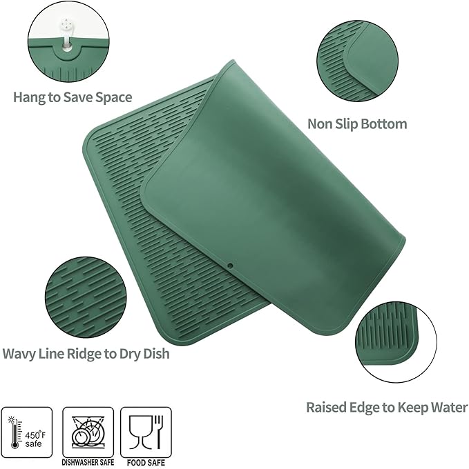 MicoYang Silicone Dish Drying Mat for Multiple Usage,Easy clean,Eco-friendly,Heat-resistant Silicone Mat for Kitchen Counter or Sink,Refrigerator or Drawer Liner Green 4XL 32 inches x 18 inches