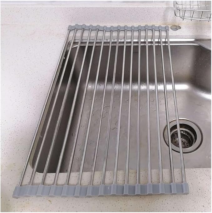 Roll-UP Dish Drying Rack, Stainless Steel Dish Drainer Over The Sink for Kitchen Countertop, Foldable Rollable Kitchen Sink Rack 14.6”to 18.5”(Gray,37x30cm/14.6x11.8in)