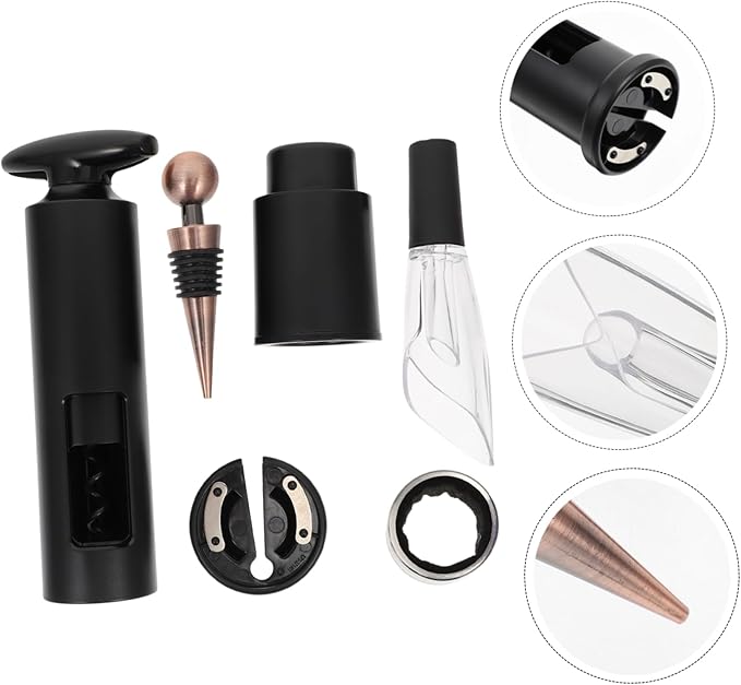 6pcs Wine Pourer Set Vacuum Stoppers Rotary Bottle Opener and Wine Accessories Elegant Black Design