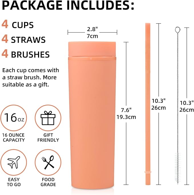 Volhoply 16oz Plastic Skinny Tumbler with Lid and Straw Bulk 8 Pack,Insulated Double Wall BPA Free Matte Acrylic Tumblers,Iced Coffee Travel Mug Reusable Party Cup,Customizable Diy Gifts(Orange,8 Set)