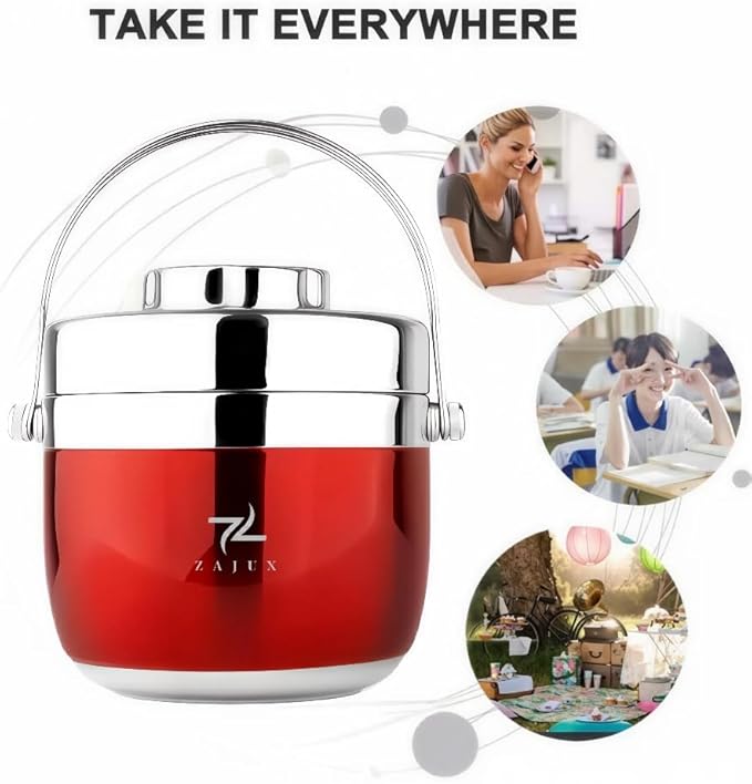 Stainless Steel Lunch Box Wine Red for Adults, Large Capacity 51 oz (1.5 L), Double compartment, Keeps food Fresh and Warm, Ideal for Work and Travel, Leak-Proof, Portable. Includes Special Bag.