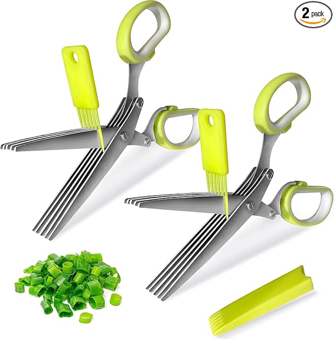 2 Pack Green Herb Scissors, Shallot Scissors, Multipurpose 5 Blade Kitchen Herb Shears, Herb Cutter with Safety Cover and Cleaning Comb for Chopping Shallot Basil Chive Parsley