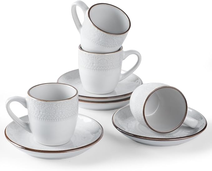famiware Espresso Cups and Saucers Set of 4, 3 oz Ceramic Small Coffee Mug with Handle, Embossed Stoneware Demitasse Cup for Tea, Latte - Microwave & Dishwasher Safe - White Flower