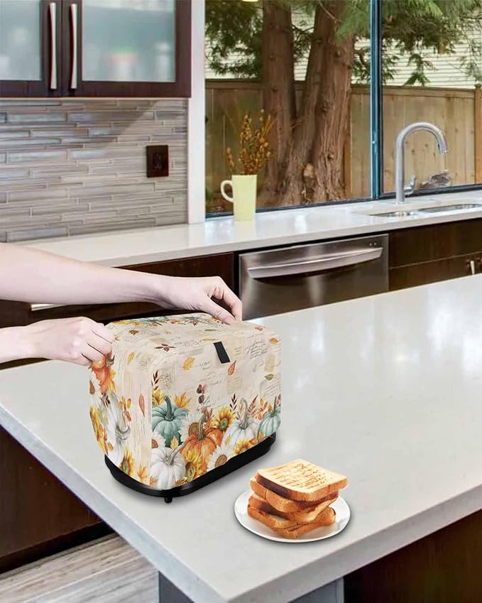 Green Orange Pumpkins Fall Toaster Cover 2 Slice, Thanksgiving Sunflower Dustproof Bakeware Oven Protector with Top Hook, Vintage Waterproof Small Kitchen Appliance Toasters Dust Cover, 11"x6"x8"