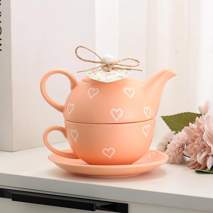 Domini Teapot cup combo,Teapot and Teacup for One,Tea Cup and Saucer Set-Tea Pot Set Gift for Girl Women,Matte orange