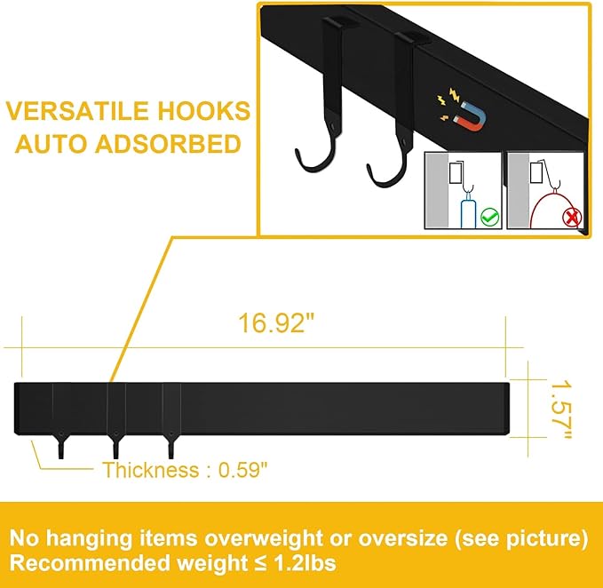Black Magnetic Knife Strip for Refrigerator - Larger 17 inch Double Sided Stainless Steel Magnetic Kitchen Knife Holder with hooks for Wall/fridge - Strong Knife Strip Magnet/Knife Rack/Knife Bar