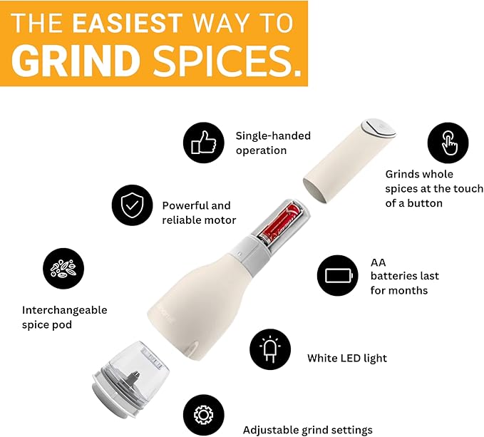 FinaMill Classic Battery Spice Mill – Battery Operated Salt and Pepper Grinder Set, Includes 2 Interchangeable Spice Pods, Adjustable Coarseness, Ceramic Grinder, LED Light, Home and Kitchen Gift Set