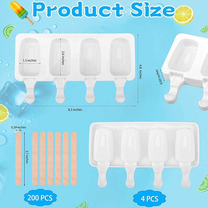 4 Set Silicone Popsicle Molds 4 Cavities Ice Cream Oval Cake Molds with 200 Sticks, Reusable Ice Pop & Cakesicle Mould for Kids, DIY Frozen Treats, Summer Snacks, Parties Favors, Easy Release (White)