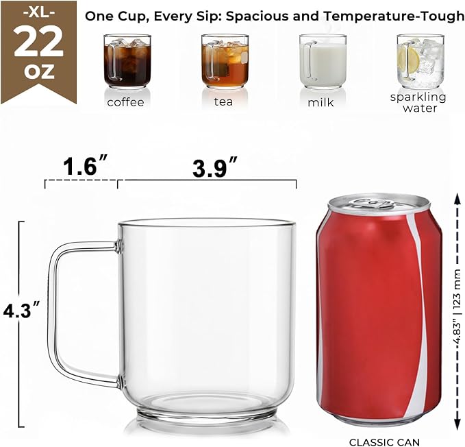 Aquach 22oz Glass Mugs Set of 2, Extra-Large Borosilicate Coffee Tea Cups | Dishwasher/Microwave Safe, Single-walled, Smooth Rim, Extra-Large Capacity, Comfort Handle, Stable Thick Base
