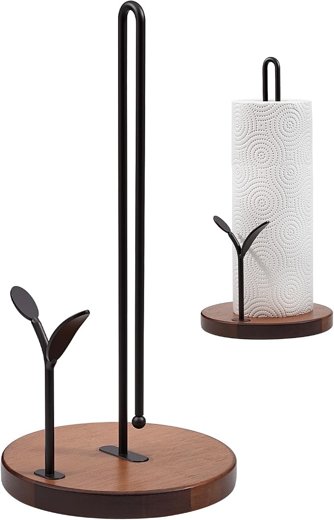 Wooden Paper Towel Holder Countertop,Round Base with Dual Iron Rods in Antique Brown Finish, Leaf-Shaped Accent, Stable & Durable, Non Slip Pads, Elegant Kitchen/Dining Décor
