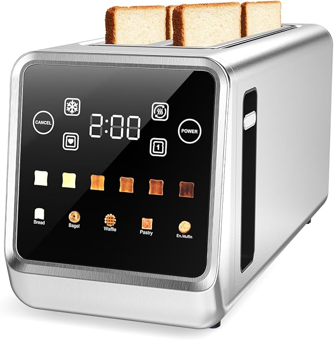 Smart 4-Slice Toaster, 75° Touchscreen with Digital Timer & Even-Heat Tech, Extra-Wide Slots for Bagels & Thick Bread, 6 Browning Levels, Defrost/Reheat, Single-Slot Energy Saving