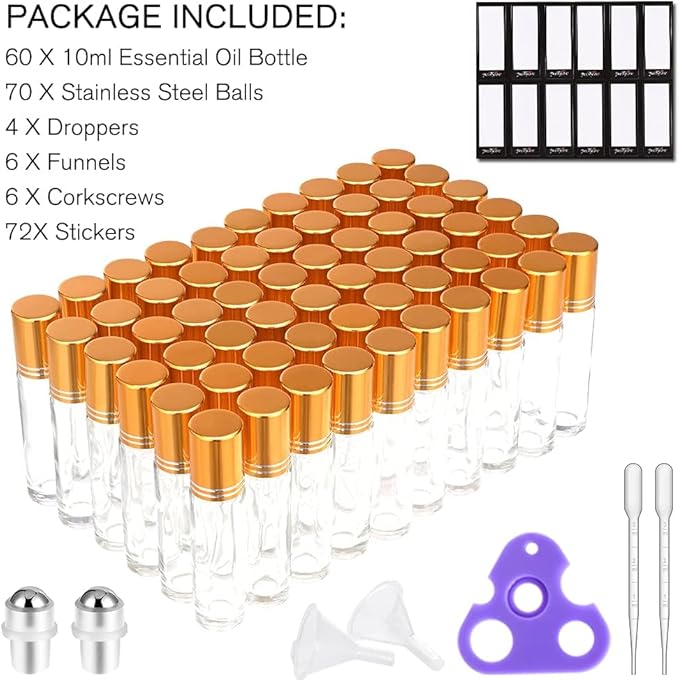 PrettyCare 60 Pack, 10 ml Essential Oil Roller Bottles with Stainless Steel Roller Ball - Bulk Refillable Leak-proof Empty Thick Clear Glass Roll on Bottles with Metal Caps for Travel, Perfume