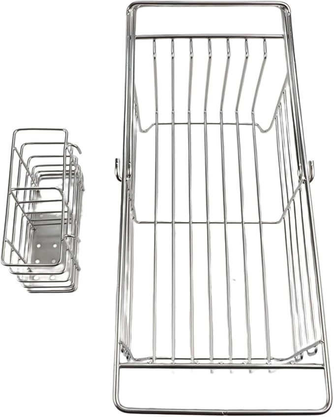 Expandable Stainless Steel Dish Drying Rack with Utensil Holder, Over The Sink Dish Drainer Basket for Kitchen, Space Saving Air Dry Organizer, Silvery, 40.5x18x13cm