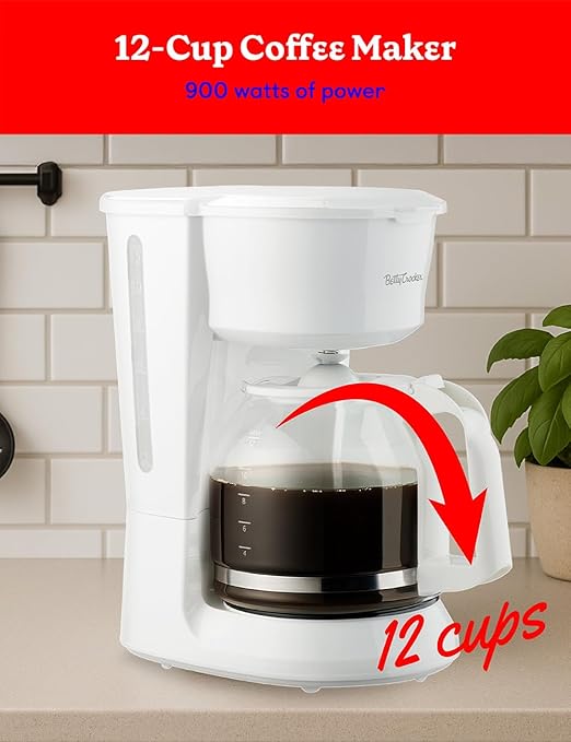 Betty Crocker 12-Cup Drip Coffee Maker with Heat Resistant Glass Carafe, Removable Permanent Nylon Filter, Pause & Pour, Water Level Gauge, Non-Stick Warming Plate, BC-5729W, White