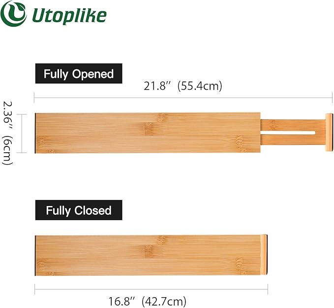 Utoplike 4 pcs Bamboo Kitchen Drawer Dividers 16.8-21.8IN and Bamboo Expandable Kitchen Drawer Organizer, Adjustable Utensil Holder Set