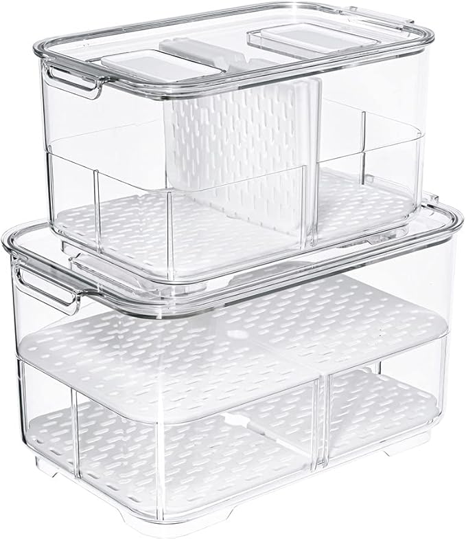 SANNO Vegetable Fruit Storage Containers, Food Storage Containers Fridge Produce Save, Stackable Refrigerator Organizer Keeper Drawers Bins Baskets with Lids and Removable Drain Tray