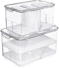 SANNO Vegetable Fruit Storage Containers, Food Storage Containers Fridge Produce Save, Stackable Refrigerator Organizer Keeper Drawers Bins Baskets with Lids and Removable Drain Tray