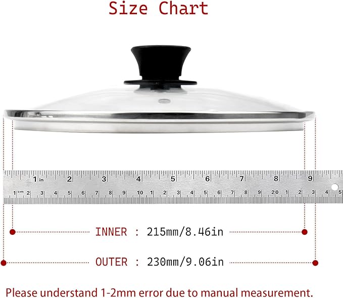 Woogim 9" Tempered Glass Pan Lid with Steam Vent, Thickened to 4mm and Dishwasher Safe and Oven up to 480℉, Universal Lid Fit for Cast Iron Skillets, Frying Saute Pan, Cooking Pot