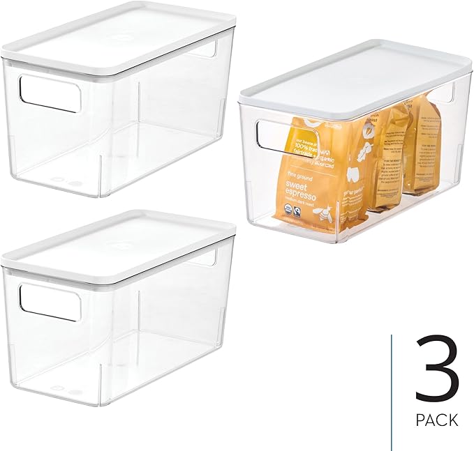 iDesign Plastic Pantry Bin with Lid and Handles - Set of 3 - Clear/Marshmallow White