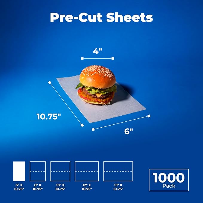 Fit Meal Prep [1000 Pack] 6 x 10.75" Wax Paper Sheets for Food, Interfolded Precut Deli Pop Up Grease-Proof Sandwich Paper Wraps, Waterproof for Lunch, Food Basket, Microwave Cover, BBQ