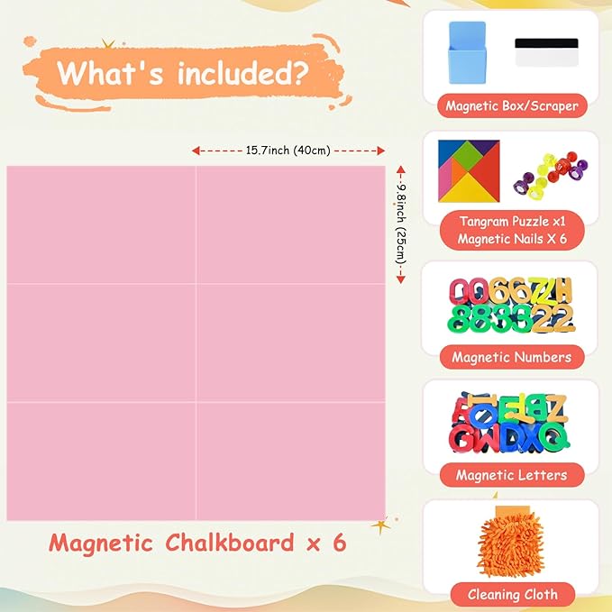 Magnetic Chalkboard Wall Decal Pink Set of 6 Peel and Stick Magnet Sheets with Chalk Tangram Puzzle and Multiple Accessories Magnetic Chalk Boardfor Home Playroom and Classroom