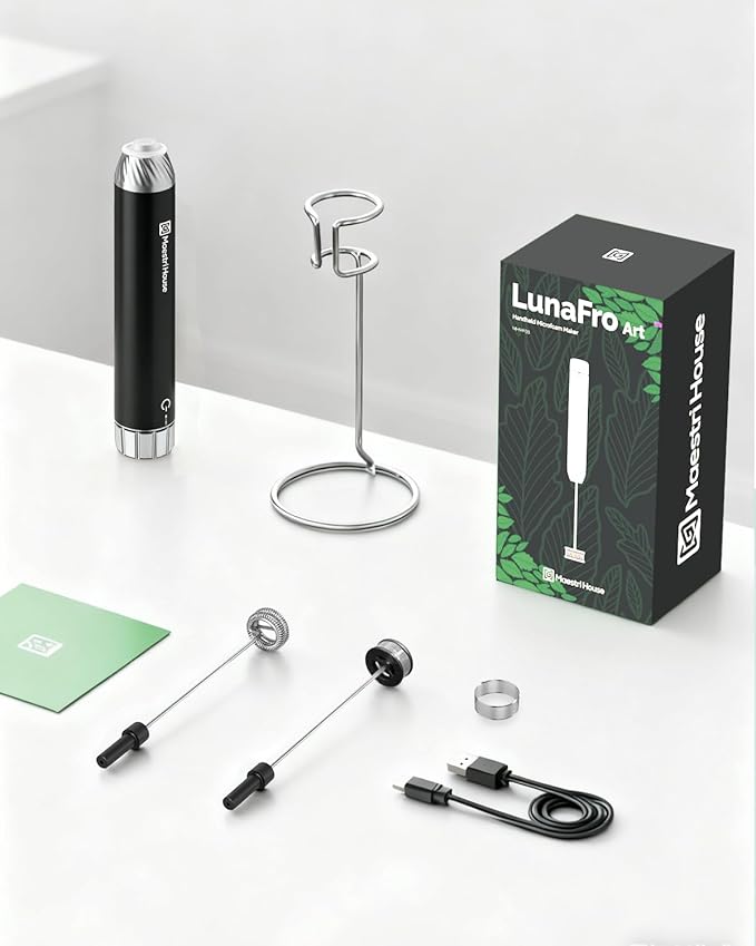 Maestri House Barista-Grade Milk Frother, LunaFro Art Rechargeable Handheld Frother with Stepless Speed Control, Silicone Dot-Pad with IPX6 Waterproof, Latte Art-Level Microfoam for Latte & Flat White