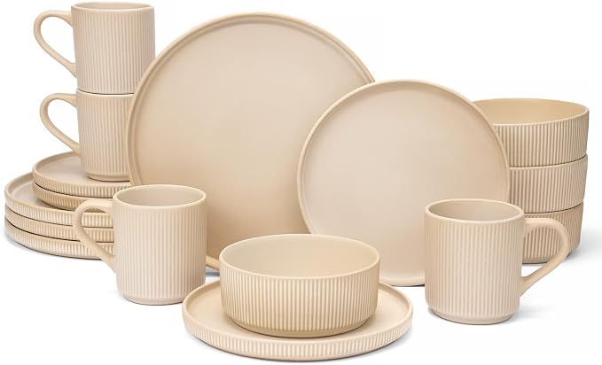 OTAGO 16-Piece Dinnerware Set for 4 with Mugs, Ribbed Stoneware Plates and Bowls Sets, Unique Handcrafted Reactive Glaze, Chip and Scratch Resistant Dish Set, Microwave & Dishwasher Safe, Yellow