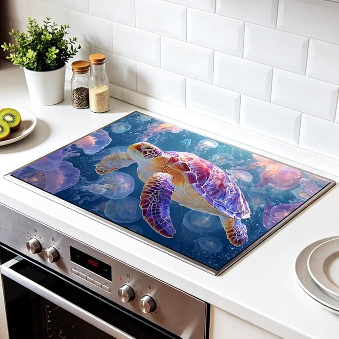 Stove Top Cover for Electric Stove 28.4 x 20.5 Inch Non Slip Stove Mat Sea Turtle Jellyfish Glass Cooktop Protector Kitchen Counter Mat