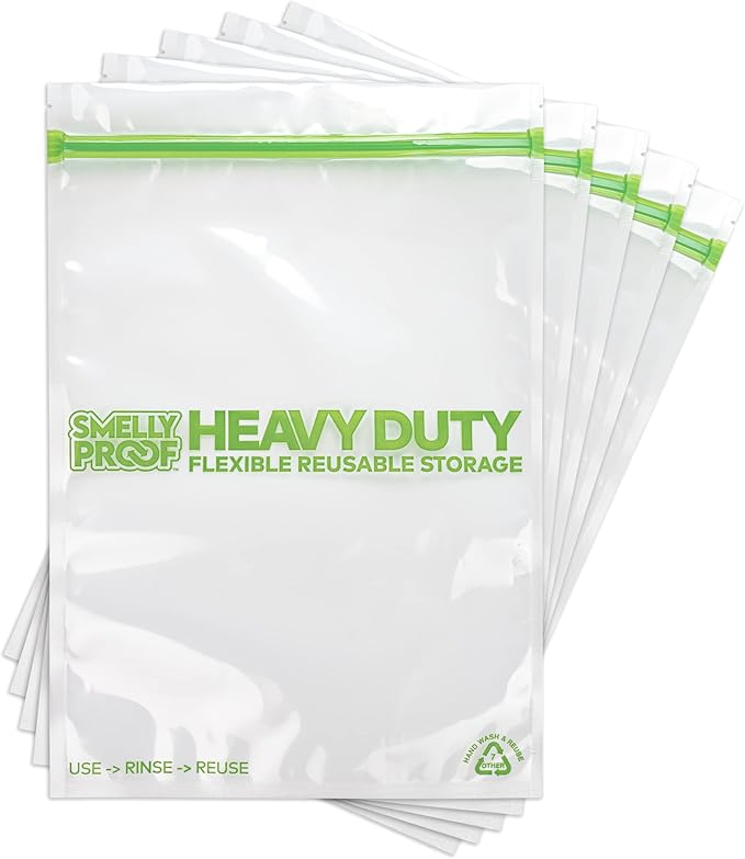 Smelly Proof Reusable Storage Bags Bundle: 15-Pack Clear Heavy Duty Bags, 5mil, USA-Made, PEVA & BPA-Free, Dishwasher-Safe, Triple Track Trilock Zipper Bags