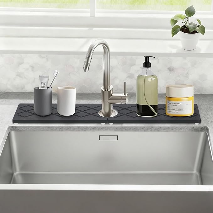 Stone Faucet Mat for Kitchen Sink, Quick-Dry Non-Slip Drying Tray, Diatomite Drying Stone Mat Sink Protectors, Prevent Moisture for Kitchen Bathroom Counter, Matte black, 23.6" x 4"