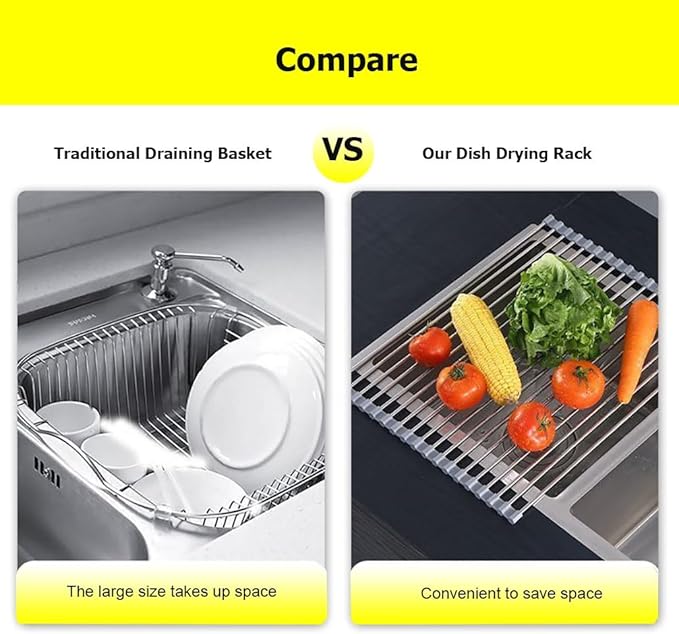 Roll-UP Dish Drying Rack, Stainless Steel Dish Drainer Over The Sink for Kitchen Countertop, Foldable Rollable Kitchen Sink Rack 14.6”to 18.5”(Gray,43x35cm/16.9x13.8in)