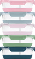 Ello Duraglass Refresh 3.4 Cup Divided Meal Prep Set 10Pc, 5 Pack, 2 Compartment Glass Food Storage Container with Silicone Boot and Airtight BPA-Free Plastic Lids, Dishwasher & Microwave Safe, Glade