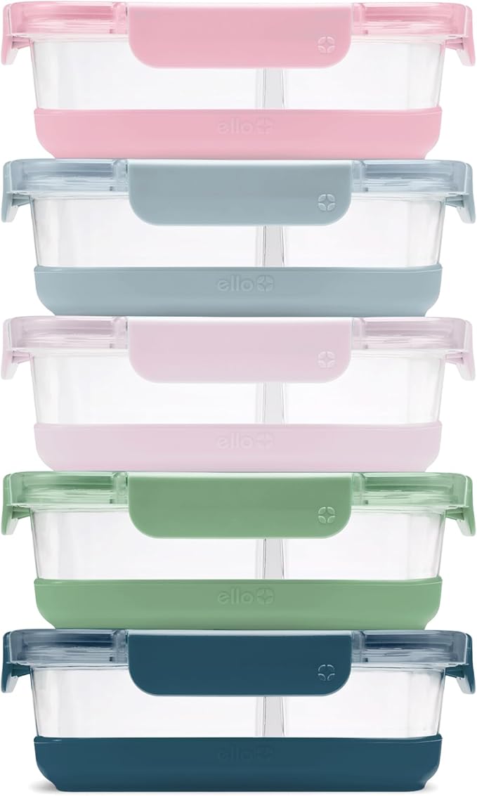 Ello Duraglass Refresh 3.4 Cup Divided Meal Prep Set 10Pc, 5 Pack, 2 Compartment Glass Food Storage Container with Silicone Boot and Airtight BPA-Free Plastic Lids, Dishwasher & Microwave Safe, Glade