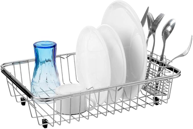 SANNO Expandable Pull Out Cabinet Organizer Kitchen Sliding Shelf Under Sink Shelf, Expandable Drawer Shelves with Sliding, Dish Drying Rack with Stainless Steel Utensil Holder