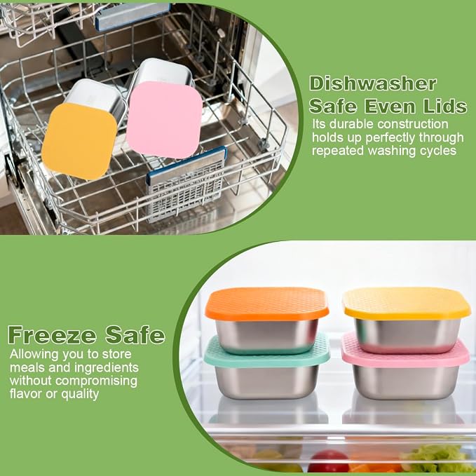 4 Pack Sandwich Containers: 30oz Stainless Steel Lunch Box with Silicone Lids, Meal Prep Container Reusable Metal Sandwiches Food Storage for Kitchen & Office Salad Snacks Fruits