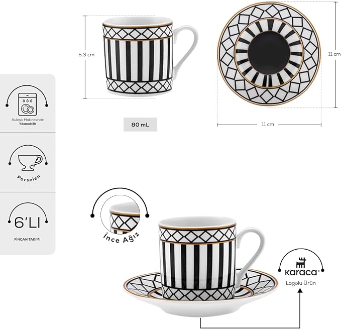 KARACA Helenistic Turkish Small Coffee Cups Set for 6, 12 Piece Porcelain Espresso Cups with Saucers, 80ML Demitasse Coffee Set, Black, Modern Elegant Design for Home & Gift