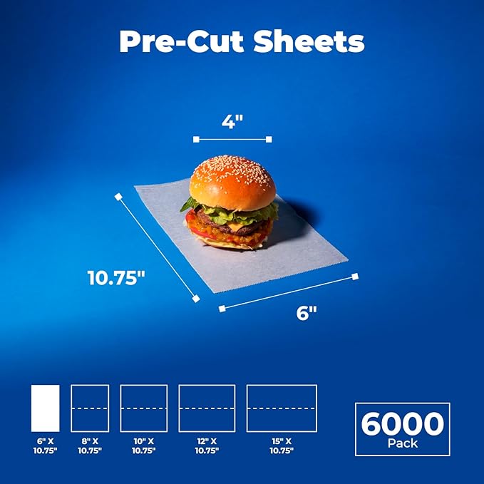 Fit Meal Prep [6000 Pack] 6 x 10.75" Wax Paper Sheets for Food, Interfolded Precut Deli Pop Up Grease-Proof Sandwich Paper Wraps, Waterproof for Lunch, Food Basket, Microwave Cover, BBQ