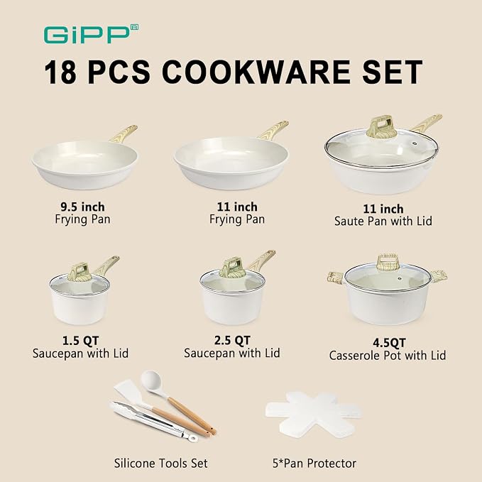 GiPP Ceramic Pots and Pans Set Non Stick - 18 Pcs Nonstick Cookware Set, Non-toxic Healthy Kitchen Cooking Set w/Frying Pans Set, Dishwasher Safe, PFAS PTFE PFOA PFOS Free, Cream White