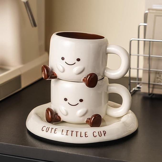 Ceramic Coffee Mug with Saucer Set, 6.8oz Cute 3D Ceramic Mug with Saucer, Face Tea Cup Espresso Cups for Coffee Tea Hot Chocolate, Microwave & Dishwasher Safe (White)