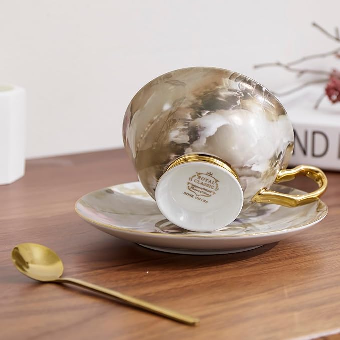 7oz Bone China Coffee Cup Saucer Spoon Set of 2 Iridescent Electro-optic Texture with Gold Rim Elegant Porcelain Tea Coffee Mug Set for Latte Cappuccino Gift for Women Home Wedding
