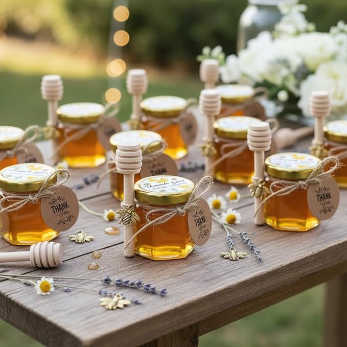 Adabocute Honey Pot, Mini Honey Jars with Dipper, Glass Honey Jars Baby Shower Favors, Party Favors & Wedding Favors, Gold Lid, Bee Pendants, Gold Organza Bags, 20 Pack 1.5oz