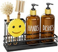 Moforoco Kitchen Dish Soap Dispenser Set, 16OZ Glass Bottle, Hand and Dish Soap Dispenser Set, Instant Dry Tray, Brush Holder with Smiley Face Sponge Holder (Black Tray+Amber Bottle)