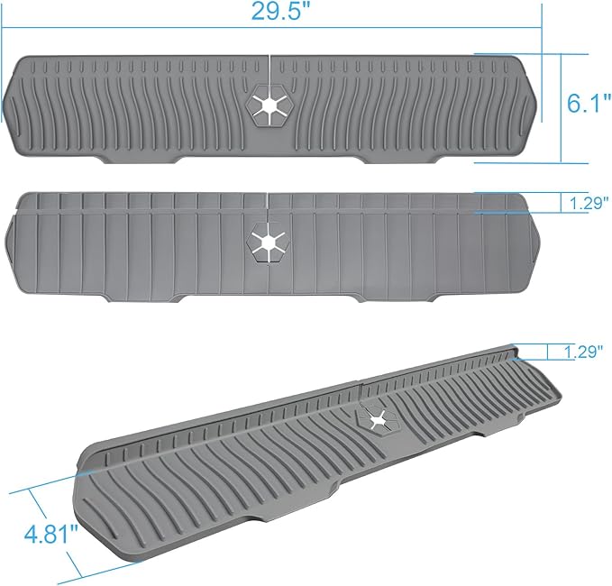 Sink Drain Mat Behind Faucet,Faucet Guard Draining Mat, 90° Foldable Tap Draining Mat for Kitchen Sink with 2 Water Ports, Faucet Drain Mats for Kitchen, Bathroom, etc (Gray, 29.5"*6.1")
