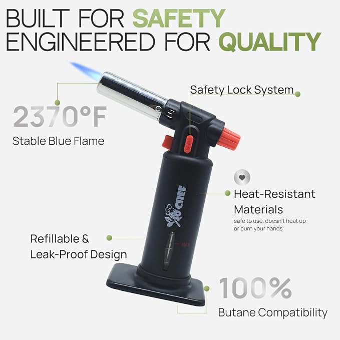Jo Chef Kitchen Torch with Butane Included – Refillable butane torch Lighter with Safety Lock & Adjustable Flame, Culinary Blow Torch for Cooking, Creme Brulee 2 Cans (3.38oz) Included Black
