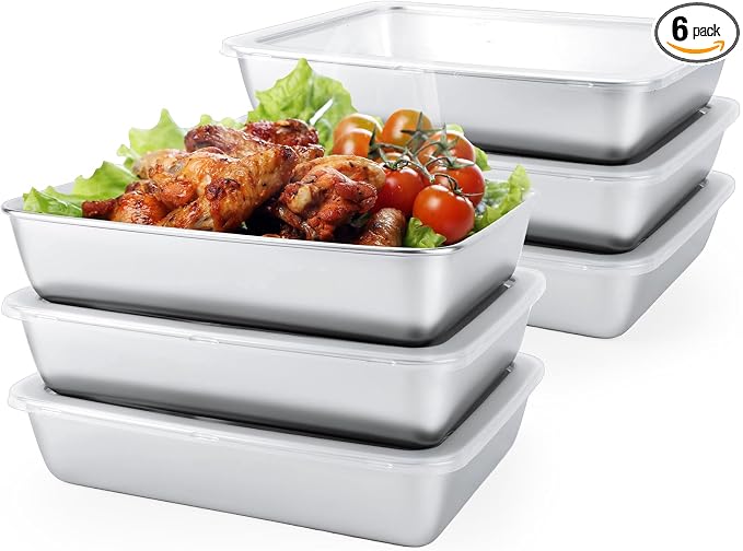 6 PCS Stainless Steel Food Storage Containers with Clear lids,2.16 Inch Deep, 8x10 Inch Stainless Steel Oven plate, Metal Roasting Pan,Freezer & Dishwasher Safe,For Meal Prep、Fruit、Meat Storage