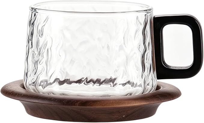 Bincoo Japanese Style Glass Coffee Cups with Walnut Wood Saucer, 7.8oz/230ML Borosilicate Glass Mugs with Handles, Elegant Gift Set for Coffee Lovers, Clear